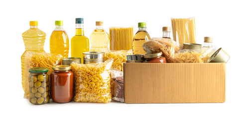 Foodstuff for donation, storage and delivery. Various food, pasta, cooking oil and canned food in...
