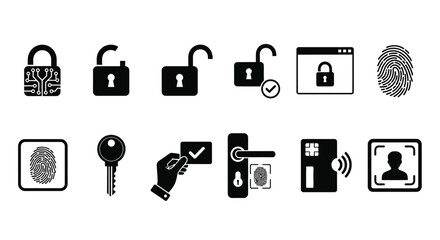 Security access vector icons set lock key fingerprint identification