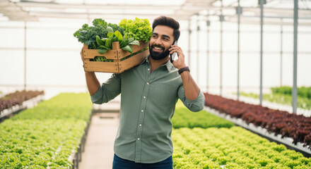Smiling Farmer Carries Fresh Produce, Discussing Business on Phone