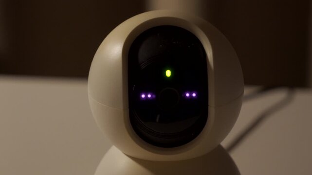 A security camera's alarm activates, flashing its bright warning lights. The device issues a loud, beeping sound to signal an alert.