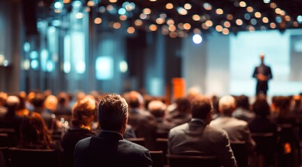 Presenter Presenting on Stage at Conference Meeting. Professional Lecture. Blurred Unidentifiable Presenter and Audience. Corporate Executive Manager Speaker. People Attendees, Company seminar class