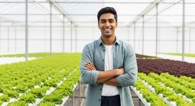 Smiling Young Farmer in Modern Hydroponic Greenhouse with Lettuce - Powered by Adobe