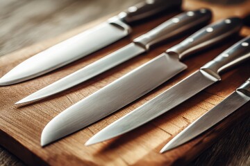 Overhead view of a knife set on a wooden cutting board in a bright kitchen
