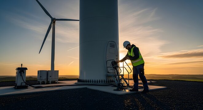 A technician in safety gear inspecting and maintaining a large wind turbine during sunset to ensure optimal performance and safety