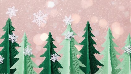 Obraz premium Festive Paper Christmas Trees with Snowflakes on Pink Bokeh Background.
