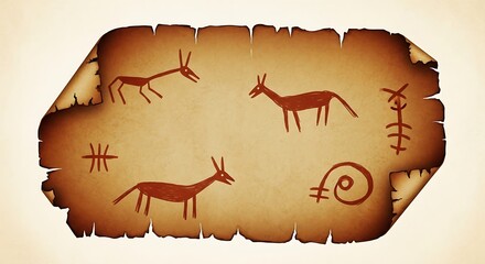Prehistoric cave painting of animals, ancient rock art, primitive drawings from early civilization, archaeology heritage texture.