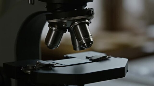 A static macro shot of a microscope objective lenses and stage with a subtle flickering led illuminator light concept of anticipation and scientific observation
