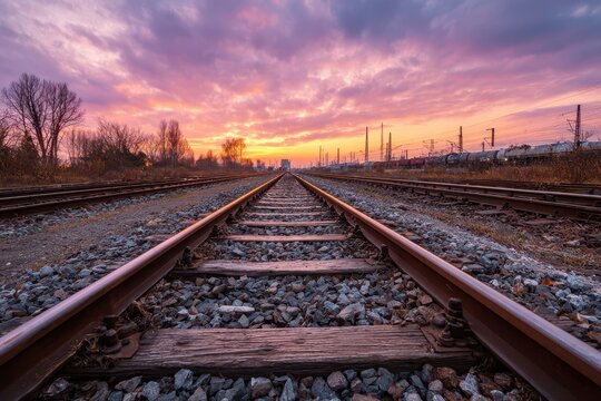 Parallels of rails at sunset: a long perspective over an industrial rail network