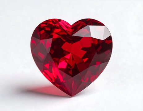 Close-up of a heart-shaped, faceted red gem on a white surface