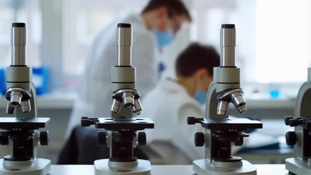 A smooth tracking shot moving past a row of modern microscopes in a university lab with students in a blurred background concept of mass education and collective learning