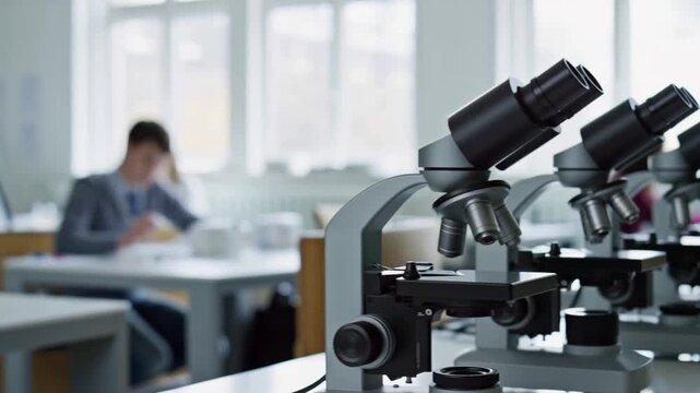 A smooth tracking shot moving past a row of modern microscopes in a university lab with students in a blurred background concept of mass education and collective learning