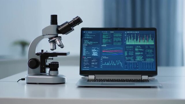 A static composition of a modern microscope next to an open laptop showing genetic data on a clean desk concept of data driven research and bioinformatics