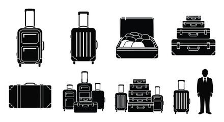 Travel luggage suitcase baggage vector illustration set icons pack