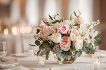 Pastel rose and peony floral arrangement for wedding reception decor
