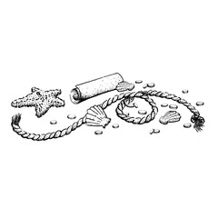 A graphic illustration of pirate coins and a ship's rope with shells on the seabed. This drawing is hand drawn in a simple, childlike style and is perfect for wrapping paper, cards, and coloring books