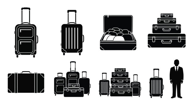 Travel luggage suitcase baggage vector illustration set icons pack