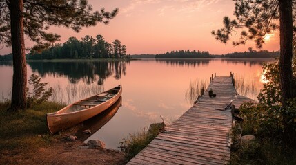 Peaceful lakeside sunset with dock, canoe and forest silhouette in Minnesota