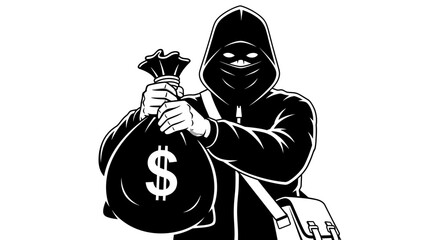 Vector illustration of thief holding money bag isolated on white
