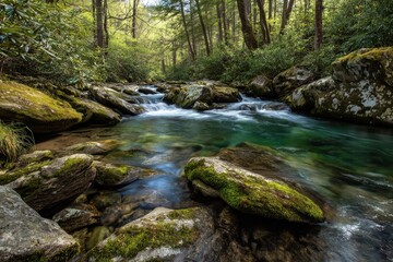 Peaceful woodland creek with smooth flowing water over rocks