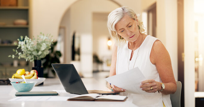 Woman, laptop and document with remote work for project draft, editing article and creative process in home. Proposal, freelance writer and papers for feedback with mature editor or story development - Powered by Adobe