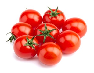 Close-up of glossy, bright red, ripe cherry tomatoes, with green stems