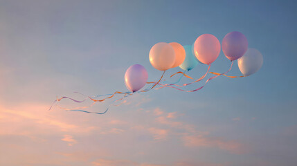 Fototapeta premium Pastel colored balloons floating freely in a soft, dreamy sky at sunset, with ribbons trailing.