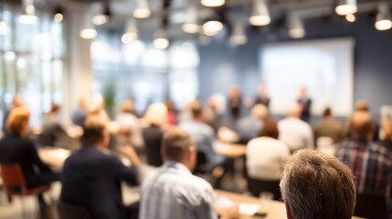 Business Seminar Blur: A blurred seminar or workshop setting with speakers and participants, perfect for professional development and learning themes. High quality. High quality