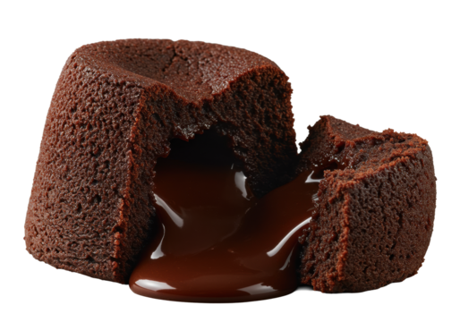 Gourmet dark chocolate lava cake, cut, molten interior oozing, delicate crust, isolated on transparent, dramatic studio light, macro close-up, decadence concept