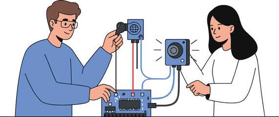 Microcontroller board setup, sensor and speaker connection, electronics workspace, STEM education, innovation, teamwork, wiring, tools, diagnostics, coding