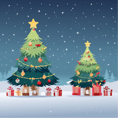 Festive Christmas Trees with Gifts under Snowfall for Holiday Celebration