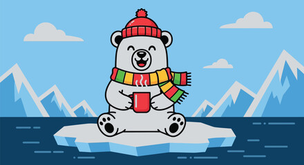 Cute polar bear cartoon drinking hot cocoa on ice floe illustration