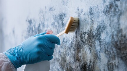 mold removal process a gloved technician employs a brush and spray bottle to combat an unsightly mold infestation on a wall representing a critical step in structural preservation and health safety