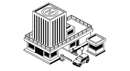 Isometric police station building with helipad and security vehicle