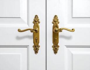 Close-up of white wooden double doors with ornate gold handles