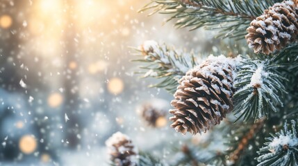 natural spruce branches,  Frozen pine branches adorned with snow and cones in vibrant winter light, copy space