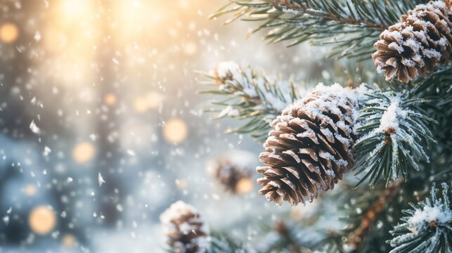 natural spruce branches,  Frozen pine branches adorned with snow and cones in vibrant winter light, copy space - Powered by Adobe