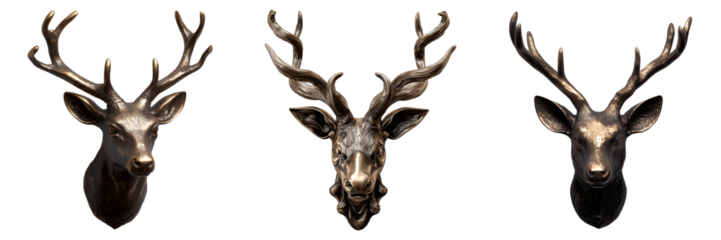 Set of bronze reindeer wall mounts, isolated on transparent background
