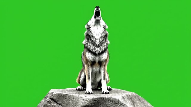 An imposing gray wolf delivers a powerful howl while standing firmly on a large rock, presented on a pure green screen for versatile media projects