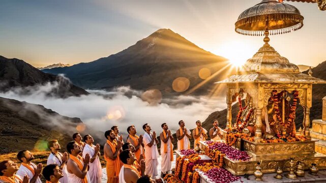Spiritual Gathering for Meru Trayodashi in the Himalayas Devotees Offer Prayers at Golden Temple during Holy Festival