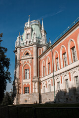 Obraz premium Explore Tsaritsynos Stunning Architecture Under a Clear Blue Sky With Its Intricate Designs and Historical Significance Shining Through