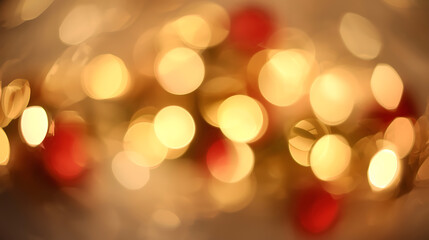 Fototapeta premium Warm and cozy Christmas bokeh background with softly blurred golden and red lights. The glowing festive atmosphere adds a sense of joy and celebration, ideal for holiday greeting cards, New Year desig
