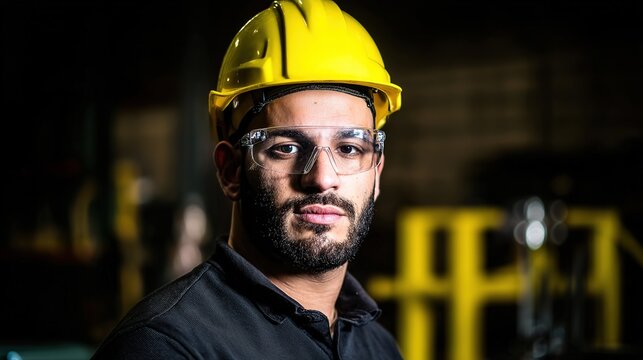 electrician. A focused electrician in safety gear, standing against an industrial background with soft lighting. safety posters. - Powered by Adobe