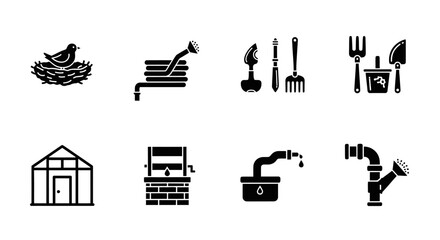 Black and White Garden Icons Nest, Watering Hose, Tools, Greenhouse, Well, Irrigation System, Pipes