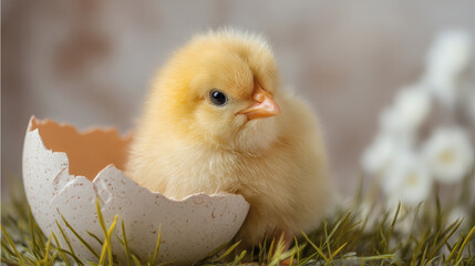A fluffy yellow chick sits inside a cracked eggshell, surrounded by grass, a symbol of new life.