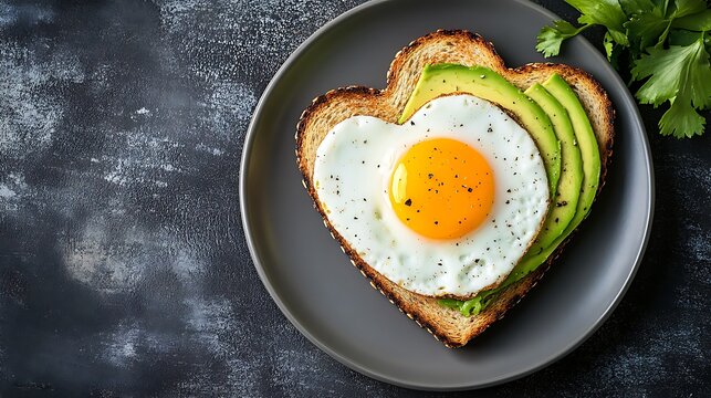 Toast with avocado and egg with heart shape on plate - Powered by Adobe