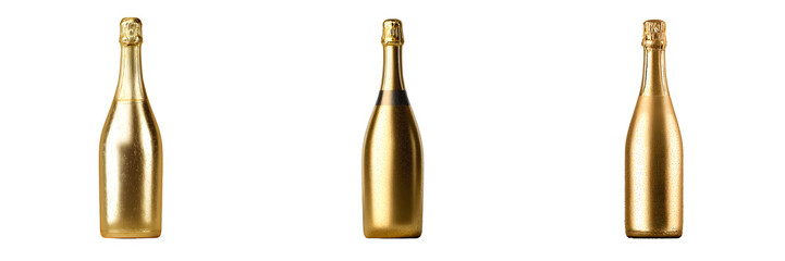 Set of gold champagne bottles, isolated on transparent background