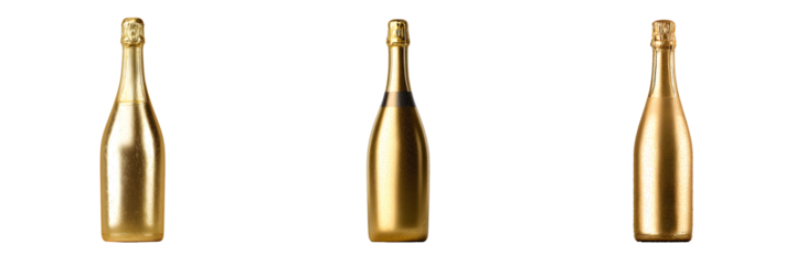 Set of gold champagne bottles, isolated on transparent background