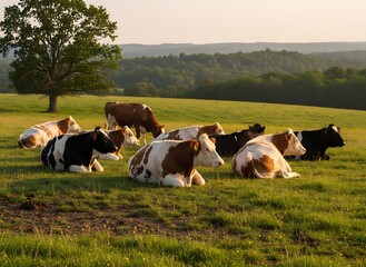 Cows resting in a verdant field. The sun casts a golden glow on the grazing animals and a distant tree, creating a peaceful scene