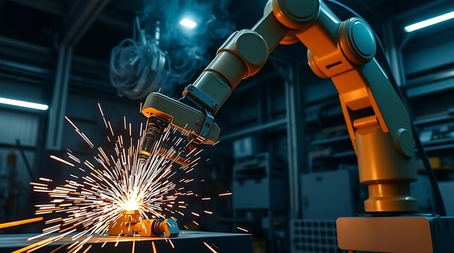 A dynamic, action shot of a robotic arm precisely welding metal components in a dimly lit factory, sparks flying, high-speed photography, industrial machinery, dramatic lighting