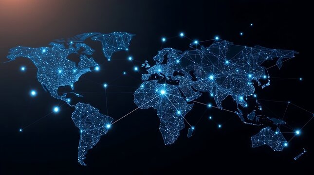 A wide shot of a global business network, depicted as interconnected nodes on a dark background, futuristic digital render